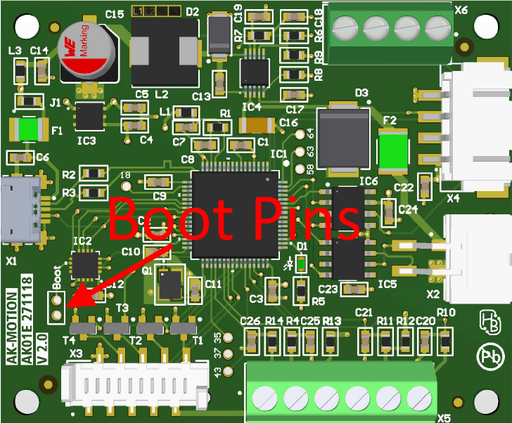 AK01EV2-Platine: Lage der beiden Boot-Pins